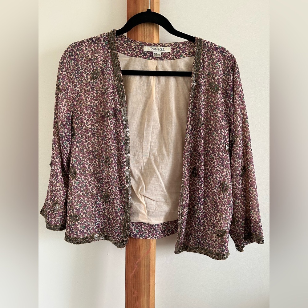 Forever 21 Sequin Accent Floral Open Front Lightweight Short Jacket Size M